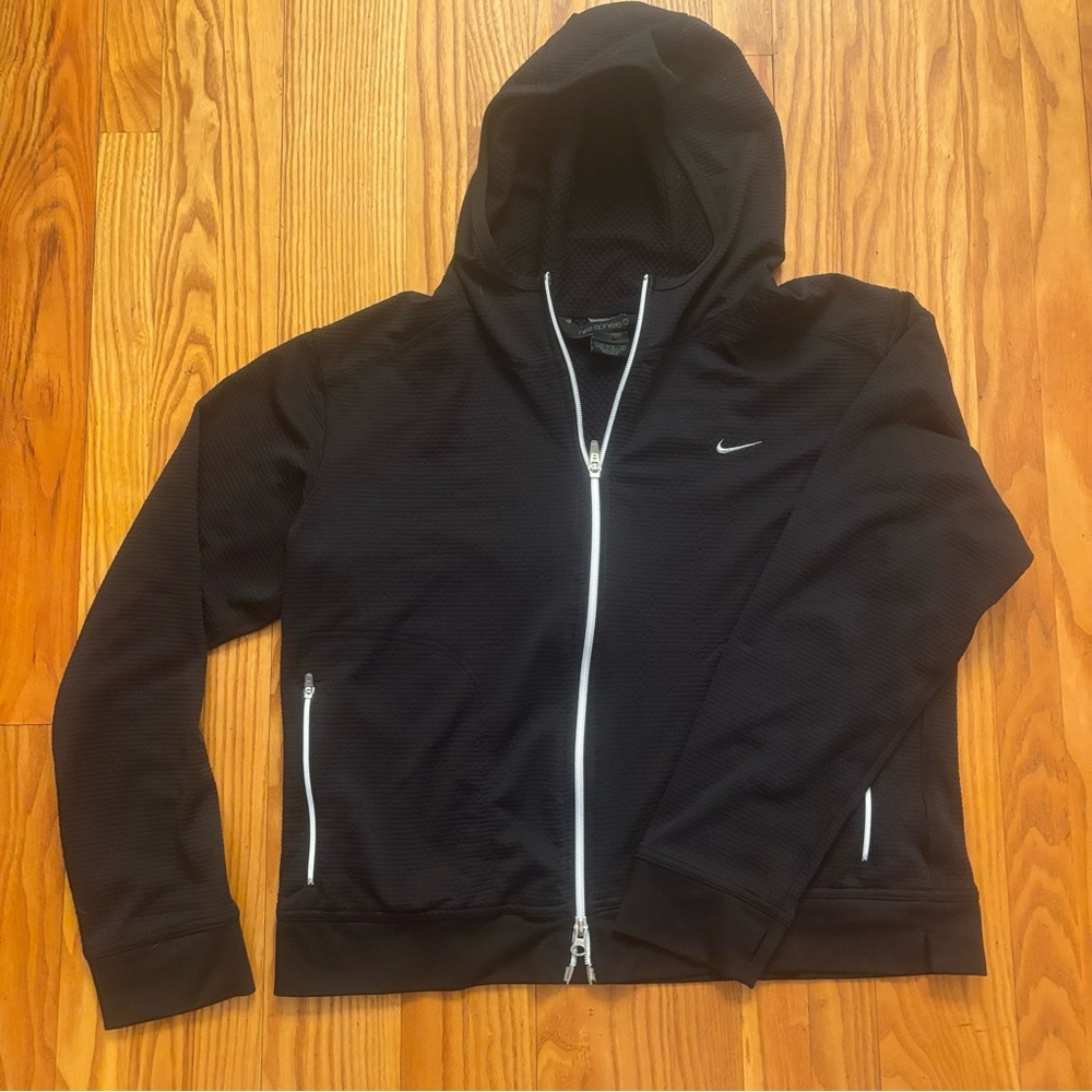 Nike Sphere Waffle Knit Zip Up Black Jacket — White Swoosh — Women’s Large